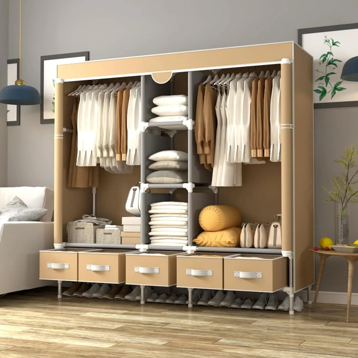 Armadio – rivestimento in tessuto, con cassetti, con asta appendiabiti, con ripiani, 5 cassetti, 185 × 45 × 175 cm
