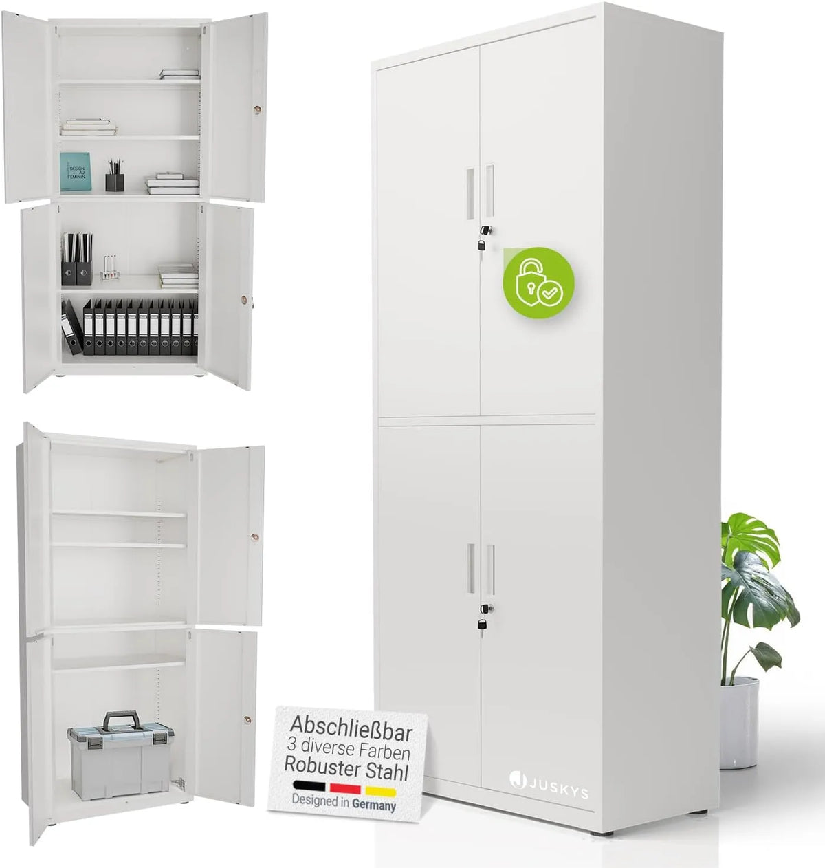 Armadio – con serratura, con ripiani, 2 ante, 3 ripiani, 180 × 80 × 40 cm, bianco, in metallo