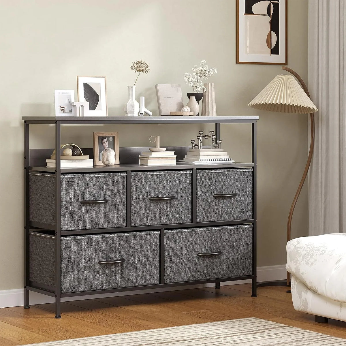 Armadio — MDF, con cassetti, 5 cassetti, grigio, in metallo