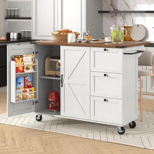 vutizal Isola cucina con ruote e piastra allungabile — MDF, in legno, con cassetti, 2 ante, 3 cassetti, bianco