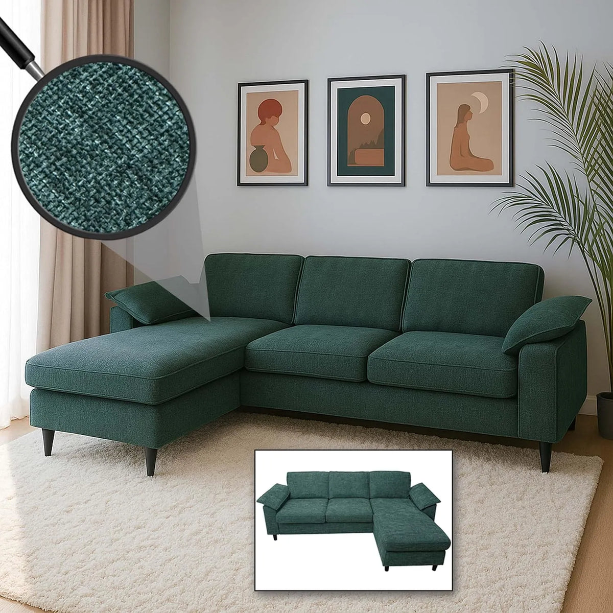 Divano angolare e divano a L — HWC-O71, grigio-verde, rivestimento in tessuto, in legno, 84 × 229 × 140cm, 320 g