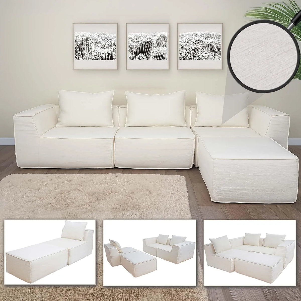 Divano – HWC-O54, avorio, rivestimento in tessuto, 63 × 270 × 190cm