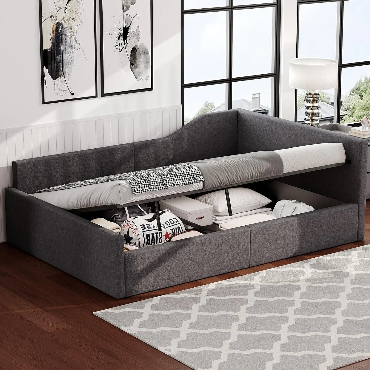Letto imbottito e struttura letto rivestita – con contenitore, 140 × 200, grigio