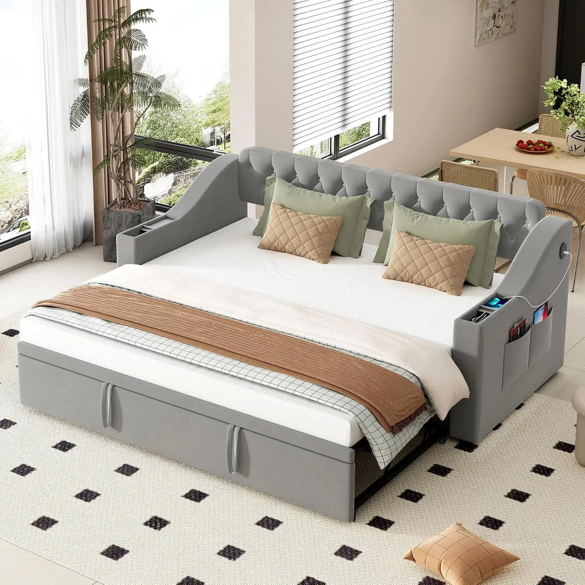 Letto imbottito e struttura letto rivestita – rivestimento in tessuto, con contenitore, con braccioli, con porta USB, 180 × 190 cm
