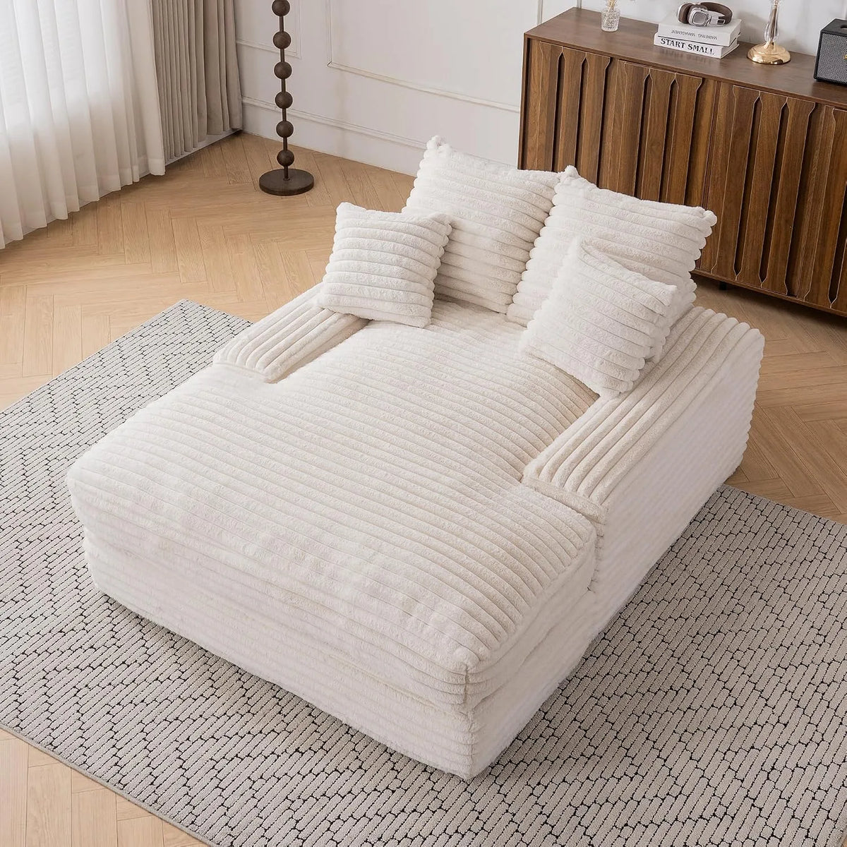 Divano letto e divano trasformabile – in velluto a coste, rivestimento in tessuto, con cuscini, beige