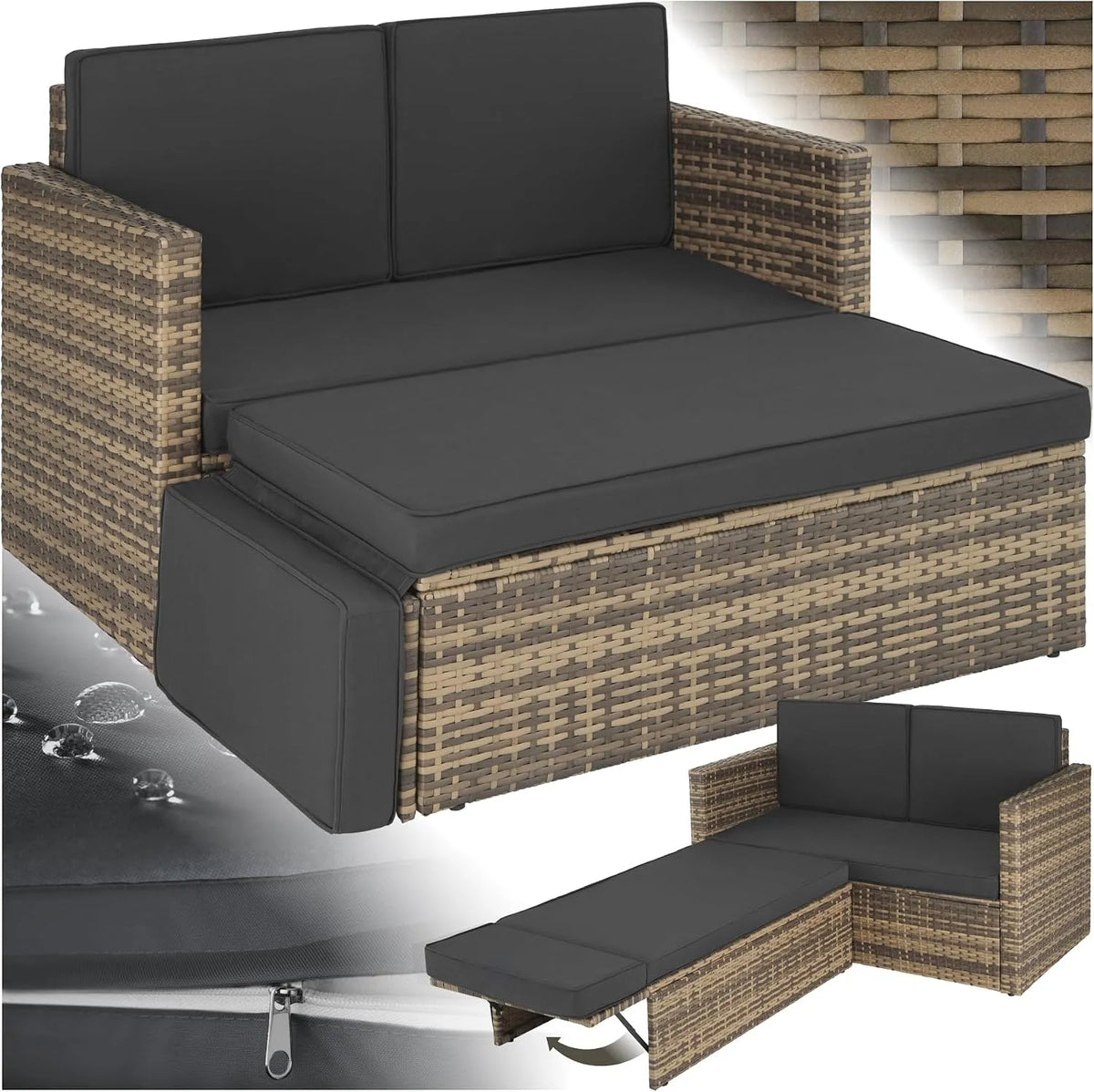 tectake Divano – Naturale, in acciaio, con cuscini, in polyrattan, pieghevole, rivestimento in tessuto