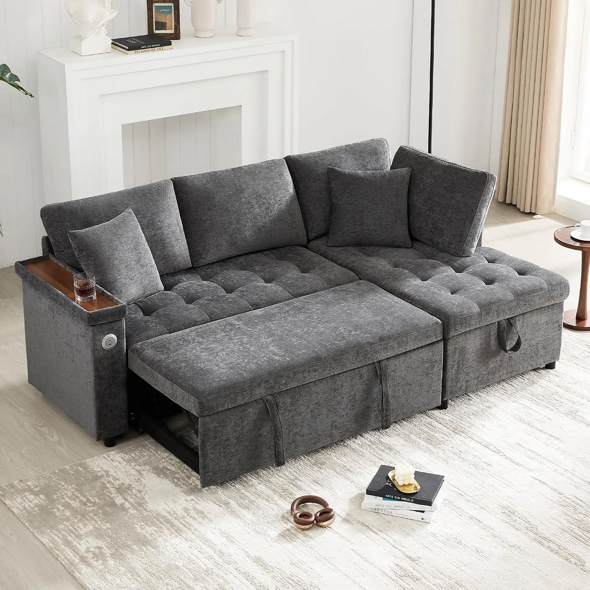 Divano angolare e divano a L — con funzione letto, con cuscini, con porta USB, 3 posti, grigio