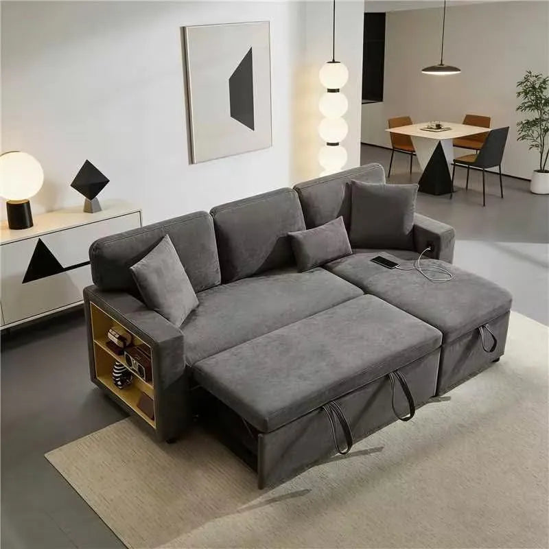 Divano angolare e divano a L – in tessuto Oxford, rivestimento in tessuto, con contenitore, con porta USB, 3 posti, grigio
