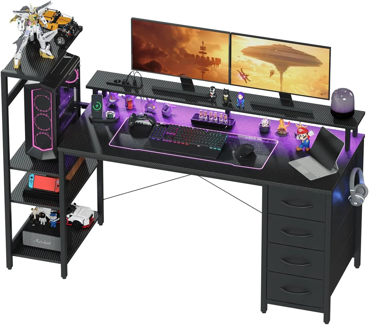 Scrivania e tavolo per computer – con cassetti, display LED, 150 × 50 cm, nero