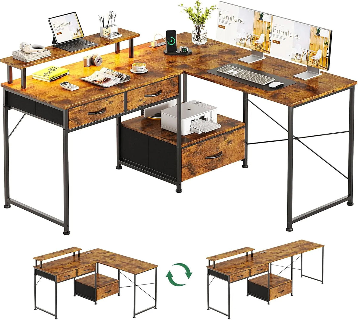 Scrivania e tavolo per computer — forma a L, con cassetti, display LED, 128 × 120 cm