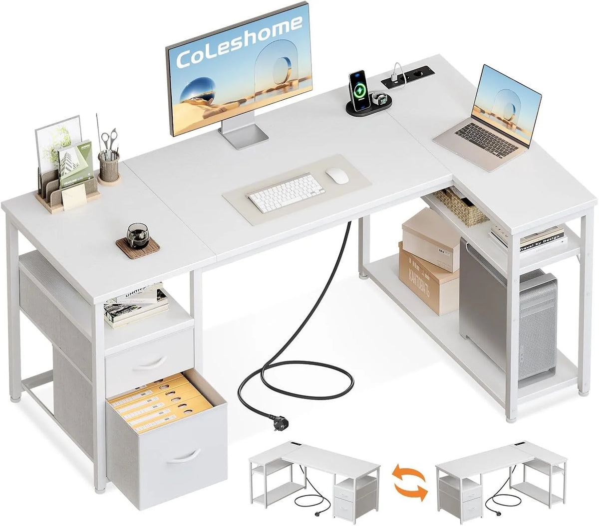 Scrivania e tavolo per computer — con cassetti, con porta USB, 140 × 80 cm, bianco