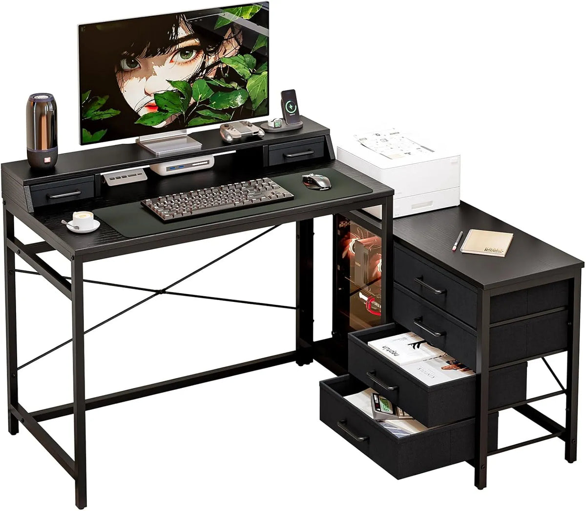 Scrivania e tavolo per computer — forma a L, con contenitore, con cassetti, uso domestico, 135 × 100 cm, nero