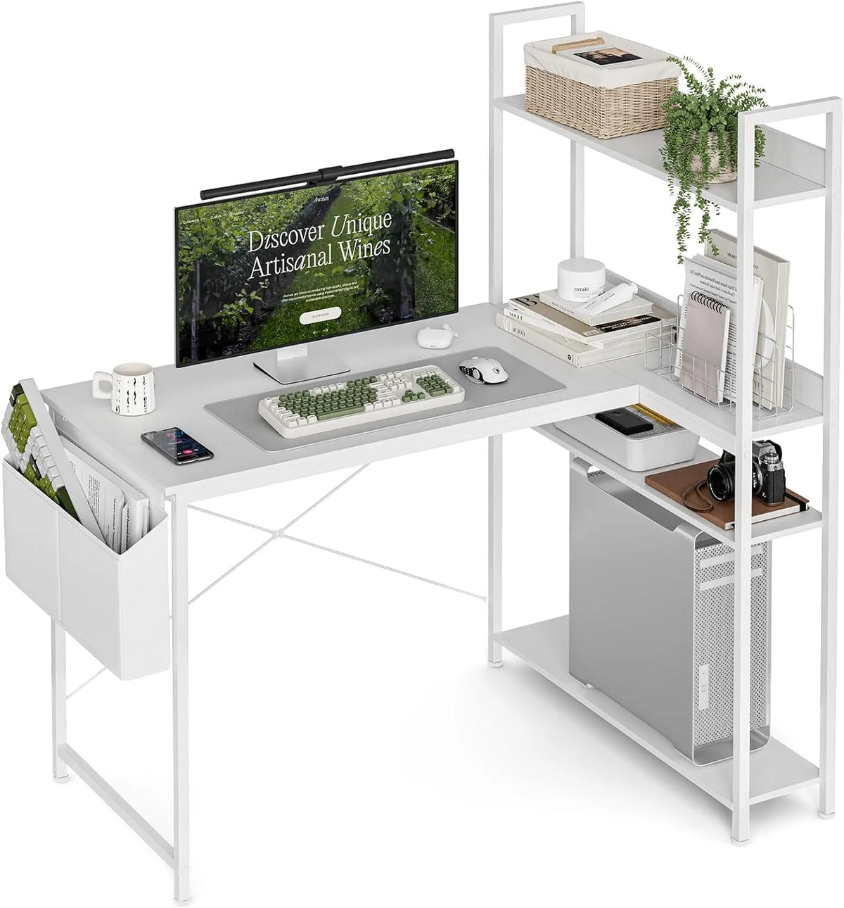 Scrivania e tavolo per computer – forma a L, con ripiani, 120 × 80 cm, bianco