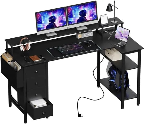 Scrivania e tavolo per computer – con cassetti, con porta USB, 120×68 cm, 140 × 68cm, nero