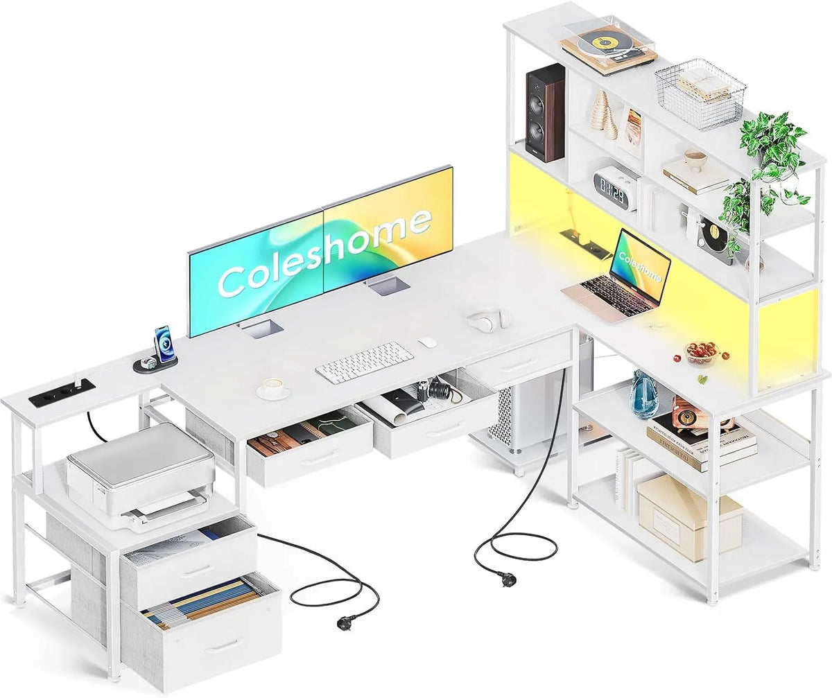 Scrivania e tavolo per computer — forma a L, con cassetti, con ripiani, con porta USB, 4 ripiani, 5 cassetti, 200 × 110 cm, con illuminazione LED