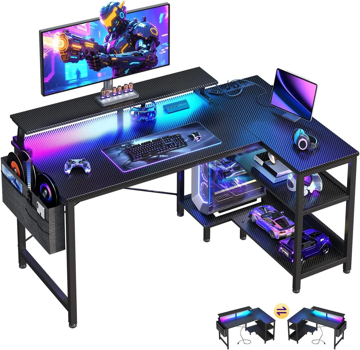 Scrivania e tavolo per computer – forma a L, con ripiani, con porta USB, display LED, 101 cm