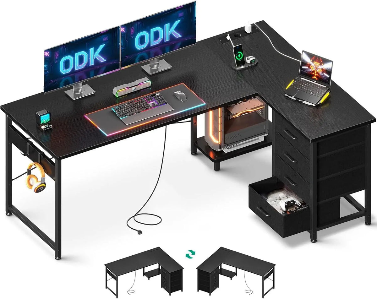 Scrivania e tavolo per computer – con cassetti, con porta USB, 155×110 cm, nero