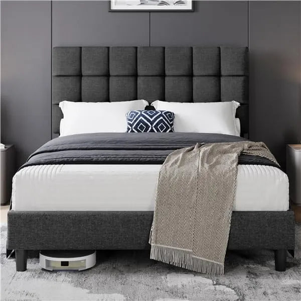 Yaheetech Struttura letto e giroletto con Testiera Imbottita Supporto di Doghe in: in legno, regolabile, 140 × 200 cm, grigio, altezza regolabile
