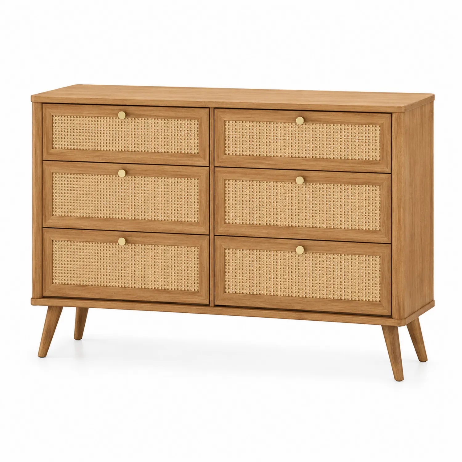 Cassettiera in legno e rattan con 6 cassetti marrone chiaro