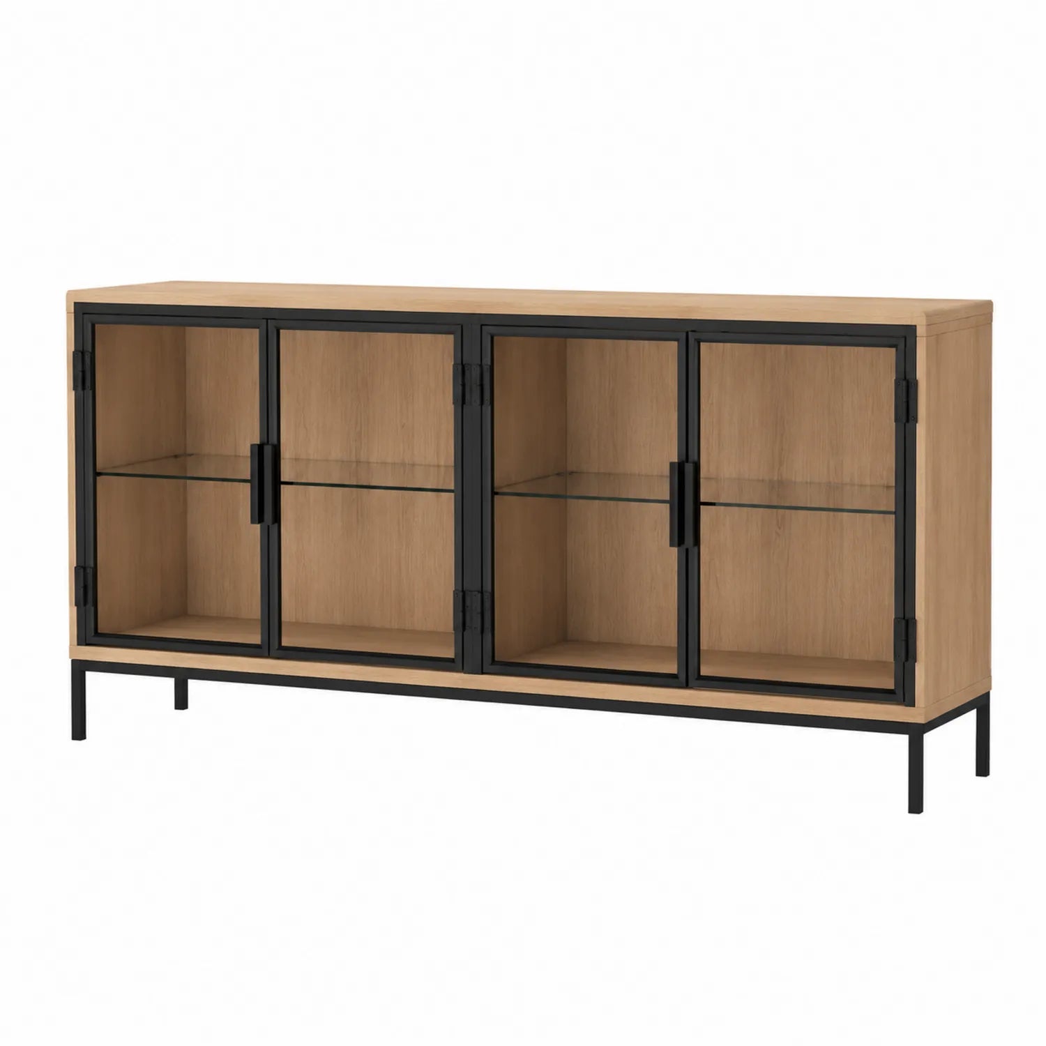 Credenza in legno con ante in vetro temperato e struttura in metallo, 150x40x80 cm