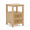 Comodino in legno e rattan con 2 cassetti e spazio aperto 40x30x60 cm