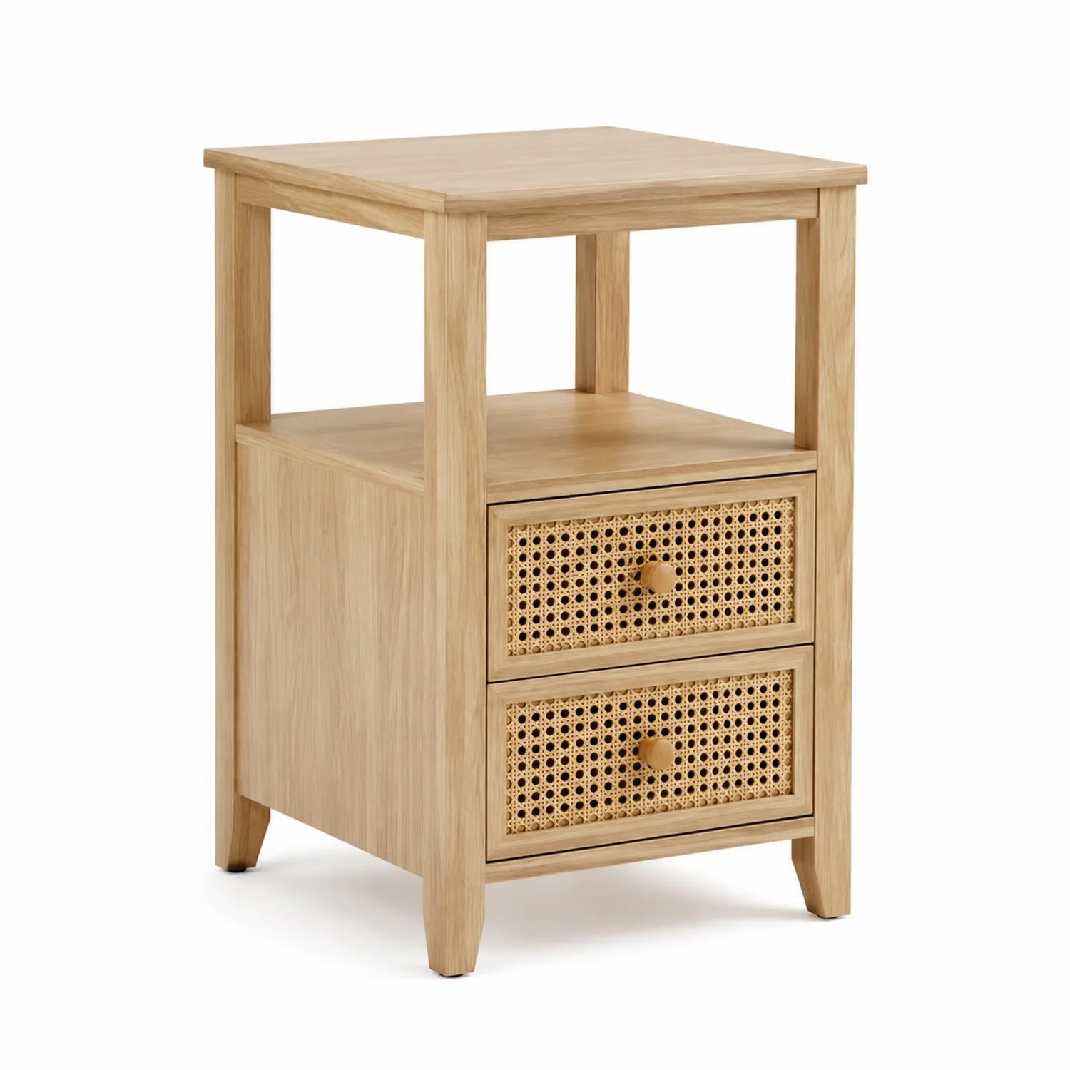 Comodino in legno e rattan con 2 cassetti e spazio aperto 40x30x60 cm