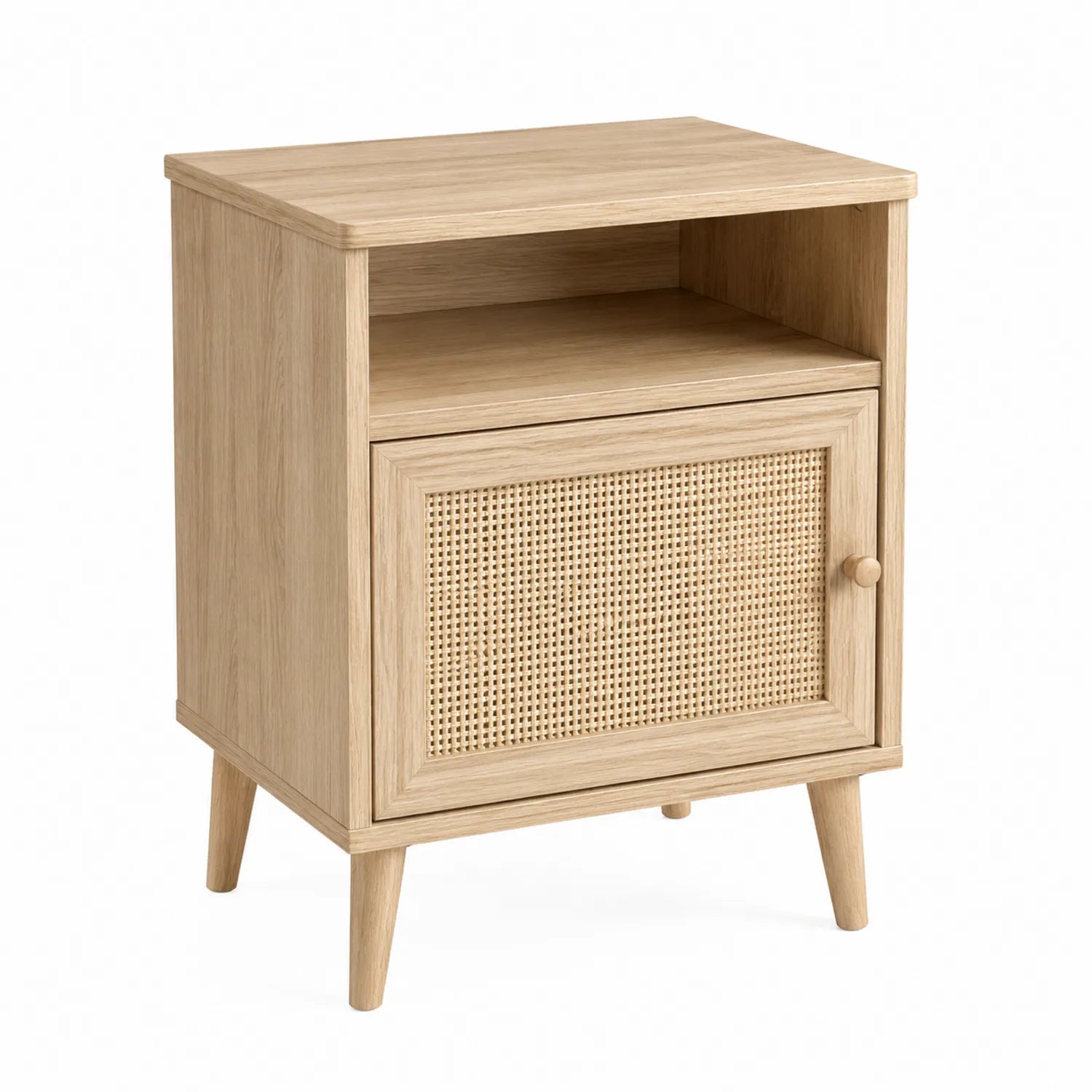 Comodino in legno e rattan con scomparto aperto 45x30x60 cm
