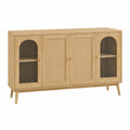 Credenza in legno con porte in rattan e vetro