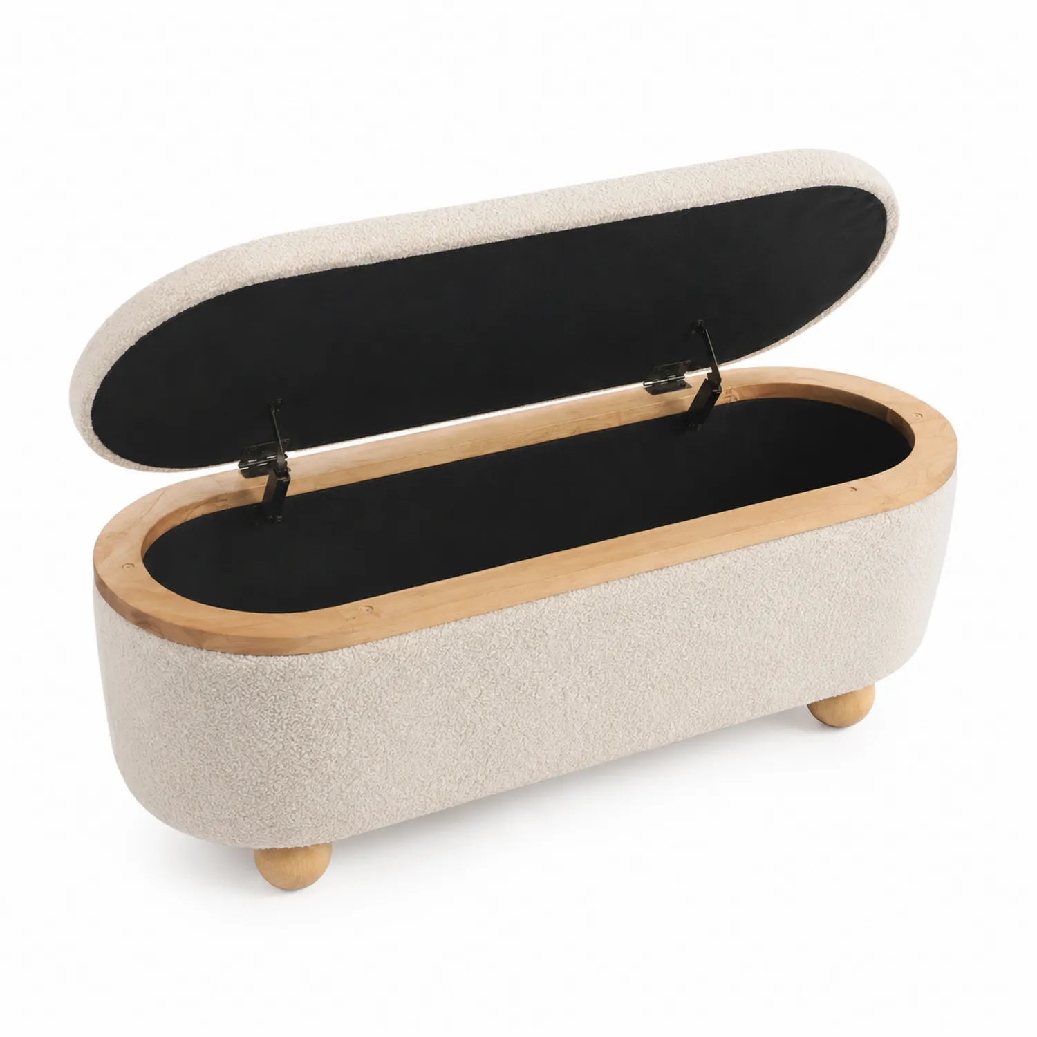 Panca contenitore ovale in tessuto crema con struttura in legno